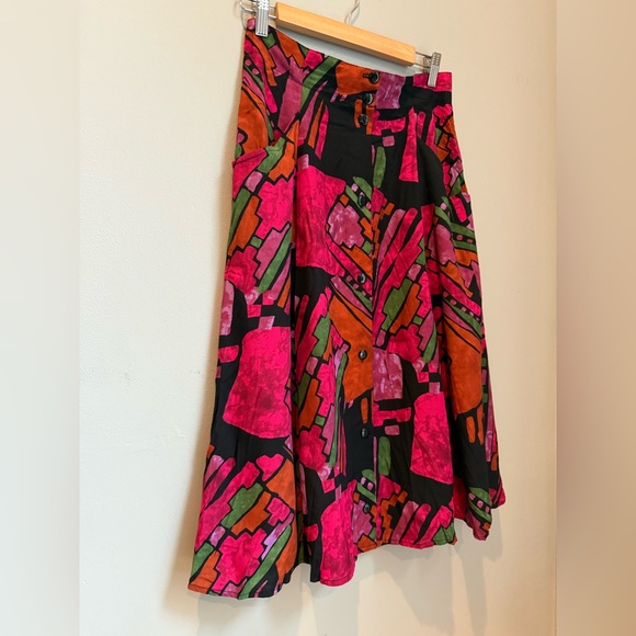 VINTAGE 80s Midi Abstract Art Work -  Front Button Closure Skirt - S - Picture 3 of 11